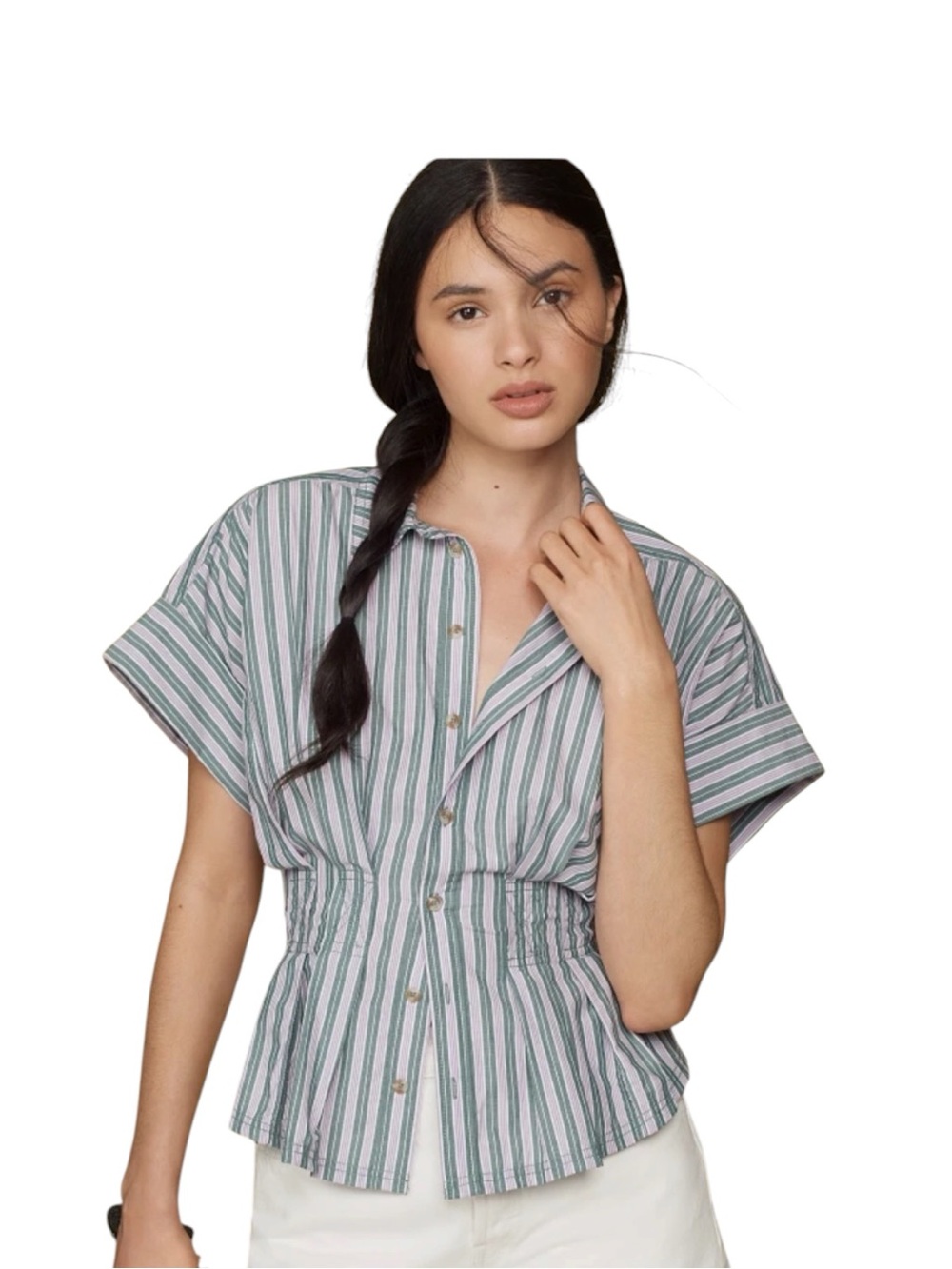 Pilcro Anthropologie Green and Lavender Bobbie Striped Button Shirt Size M